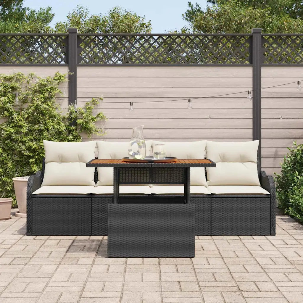 Set Divano da Giardino 5 pcs Nero e Crema polyrattan