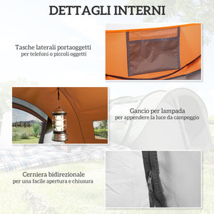 Tenda da Campeggio Pop Up 2 Posti 263,5x220x123 cm con 2 Porte 4 Finestre e Telo Impermeabile Arancione