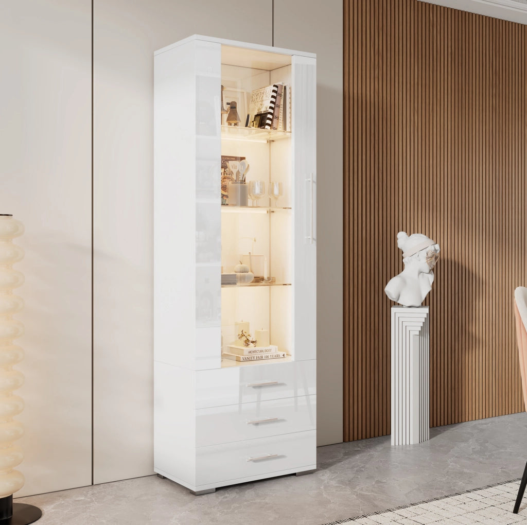 Vetrina 60x35x180 cm in MDF bianco lucido con LED e 3 cassetti