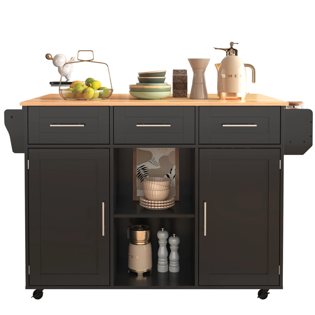 Carrello Isola Cucina 139x46/71x91;5 cm Nero con Piano Pieghevole; 3 Cassetti; Armadietti e Ruote