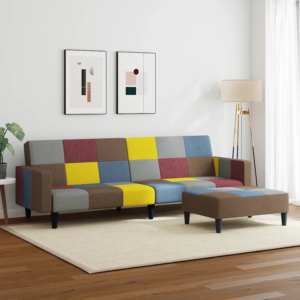 Divano Letto a 2 Posti con Poggiapiedi Patchwork in Tessuto