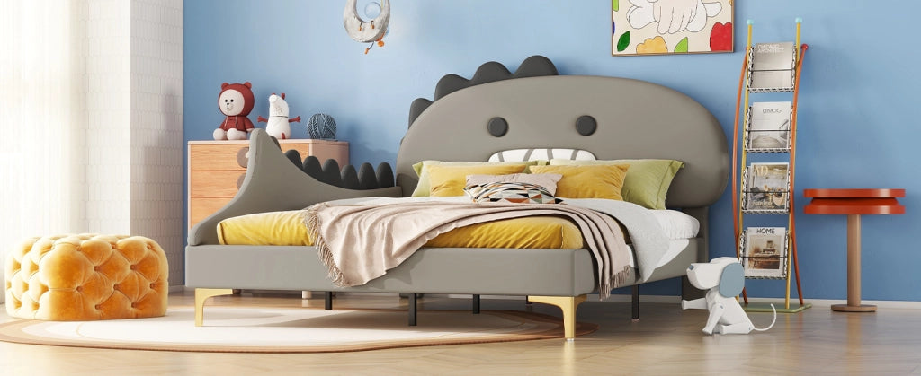 Letto per bambini 140x200 cm a forma di dinosauro cartoon, in PU e MDF grigio