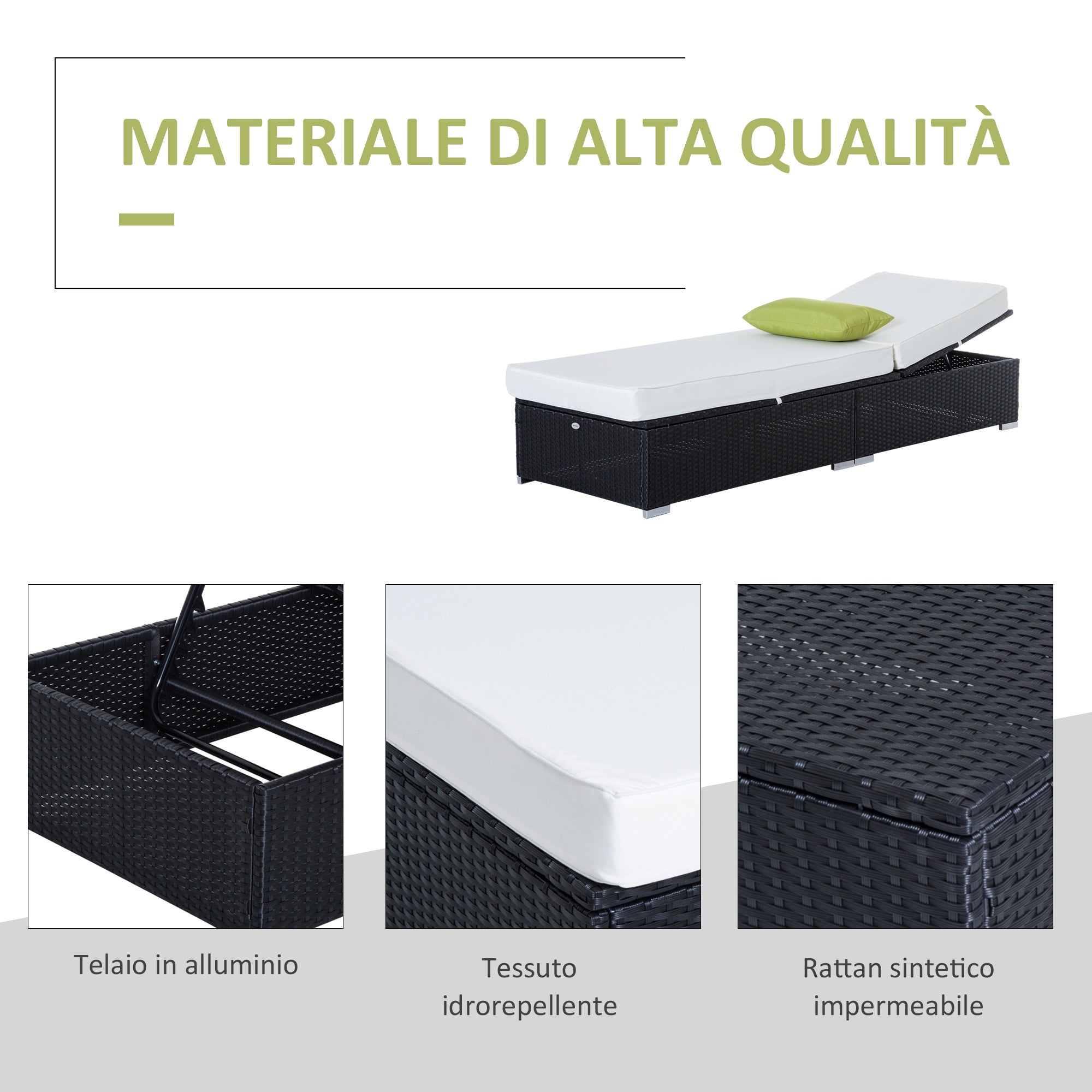 Lettino Prendisole da Giardino di Lusso in Rattan Sintetico e Alluminio Nero