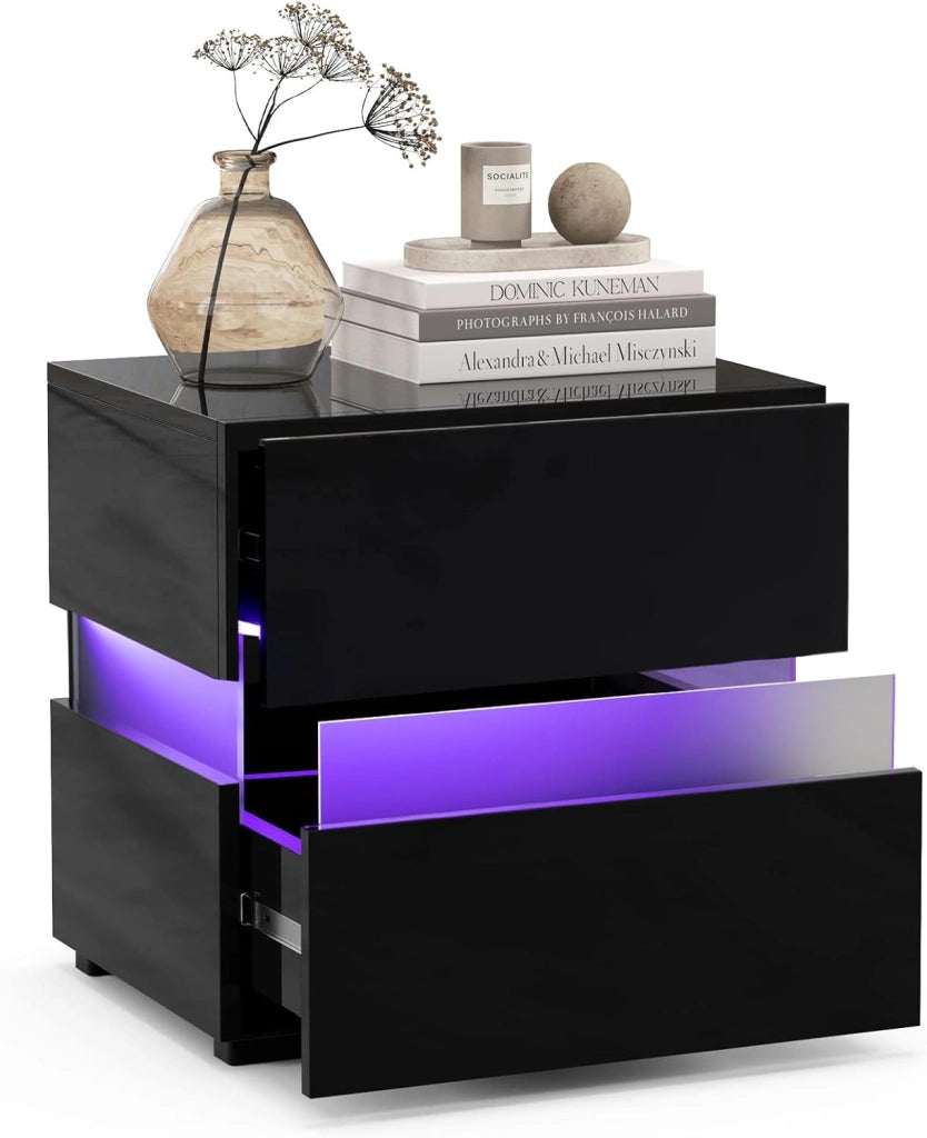 Tavolino a LED, Tavolino con Cassetto, Telecomando, 22 Modalità di Luce, 10 Velocità e 5 Luminosità, Comodino Moderno da Salotto e Camera da Letto (2, Nero)