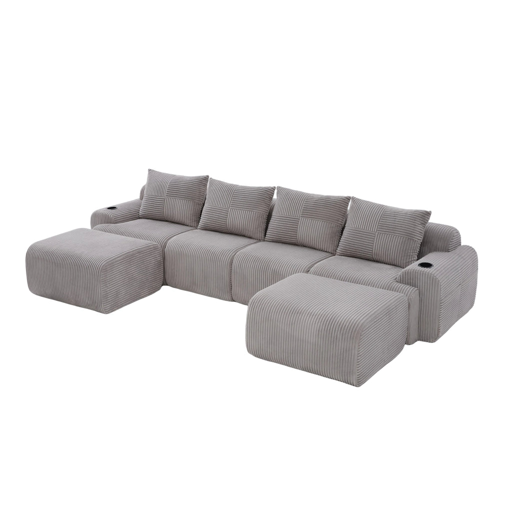 Divano modulare 4 posti in tessuto corduroy; con portabicchiere e tasca laterale; grigio chiaro