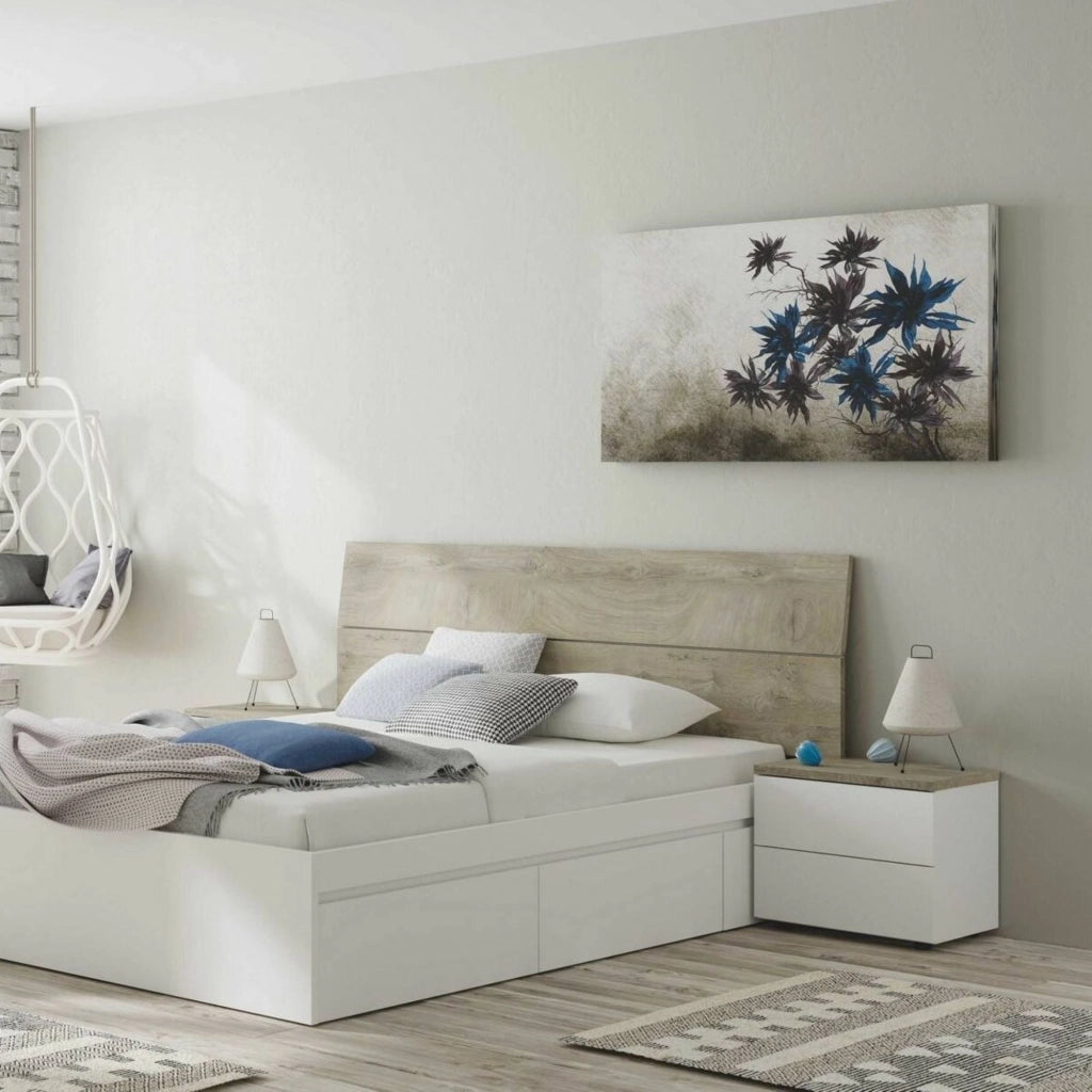 Testiera letto Assago, Spalliera, Testata per camera da letto, Poggiatesta, 176x6 h54 cm, Bianco e Rovere
