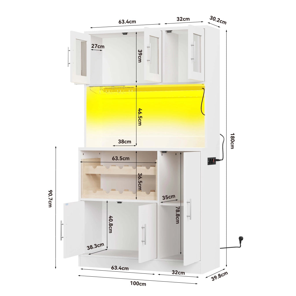 Dispensa alta con ripiani LED RGB e prese, in MDF bianco con portabicchieri e portabottiglie 100 × 40 × 180 cm