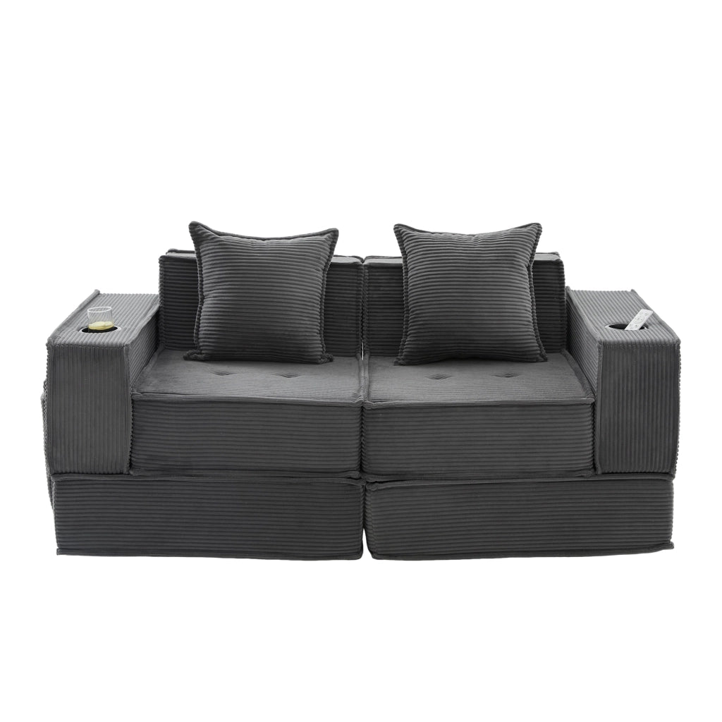 Fauteuil pouf modulare con tasche laterali e cuscini, seduta ergonomica per relax in velluto a coste grigio scuro