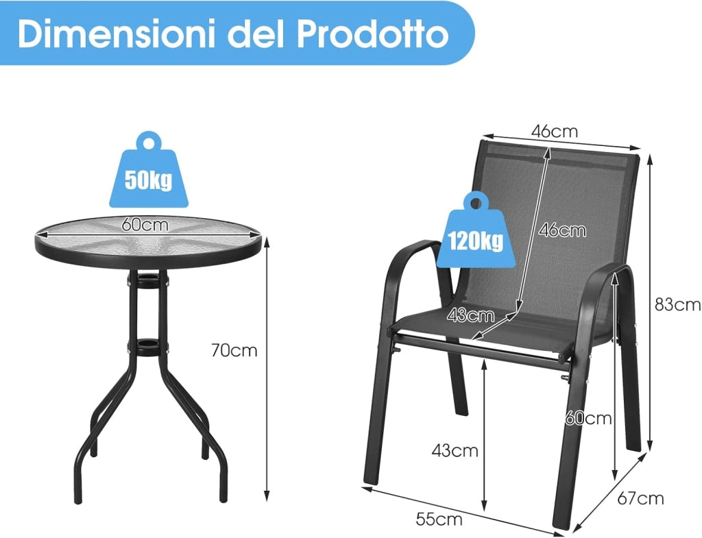 Set Mobili da Giardino 3 Pezzi, con Tavolo Rotondo in Vetro Temperato e 2 Sedie in Textilene Traspirante, per Esterno Balcone Giardino (Nero)