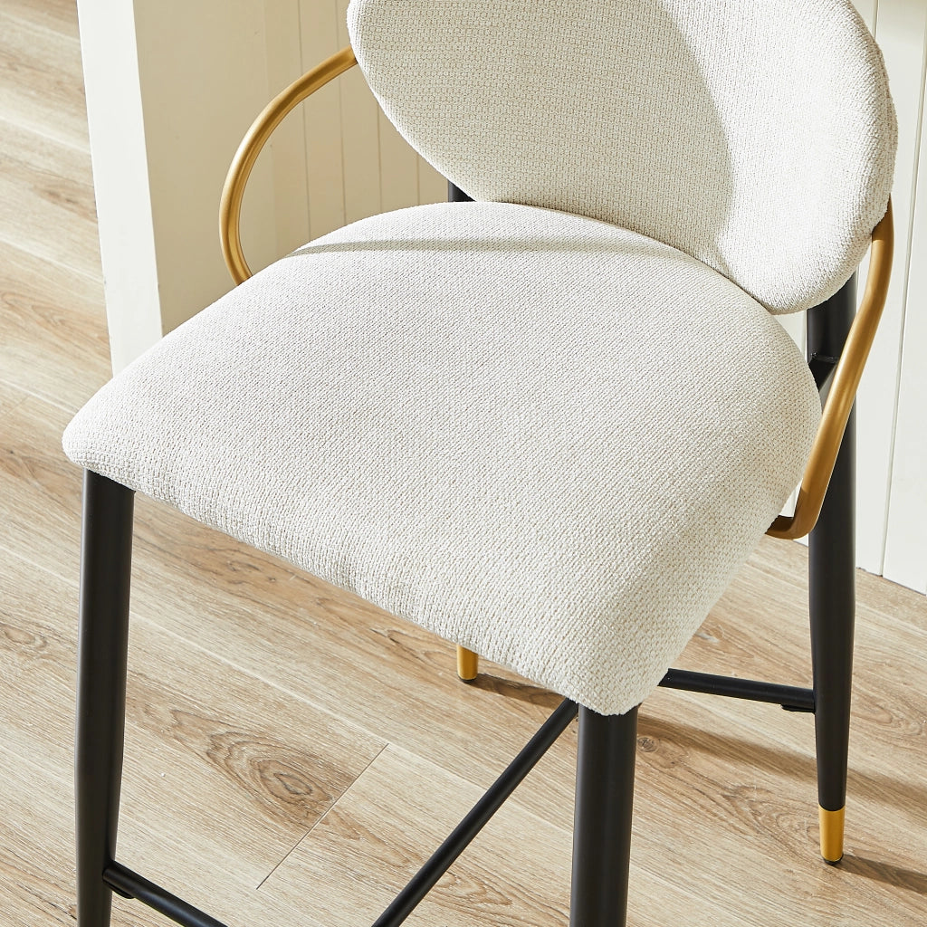 Set 2 Sgabelli da Bar ¨C MINIMAL ¨C Velluto Chenille Beige, Nero, Oro, Schienale, Altezza Regolabile