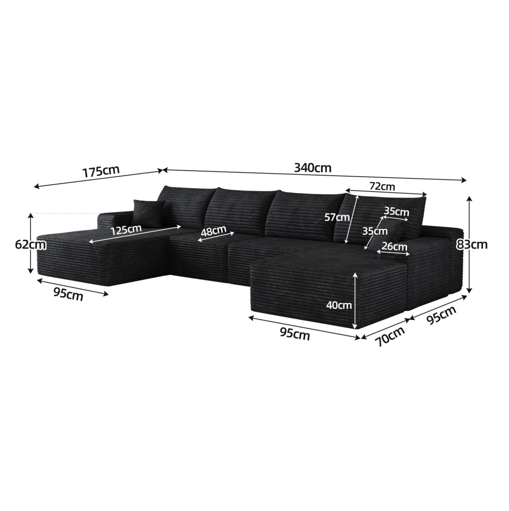 Divano modulare angolare con chaise longue 340x175x83 cm nero