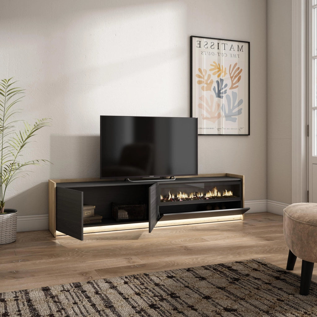Mobile TV Soggiorno, 207x50x37 cm, Per TV fino a 80", Camino elettrico, LED, Nero e rovere