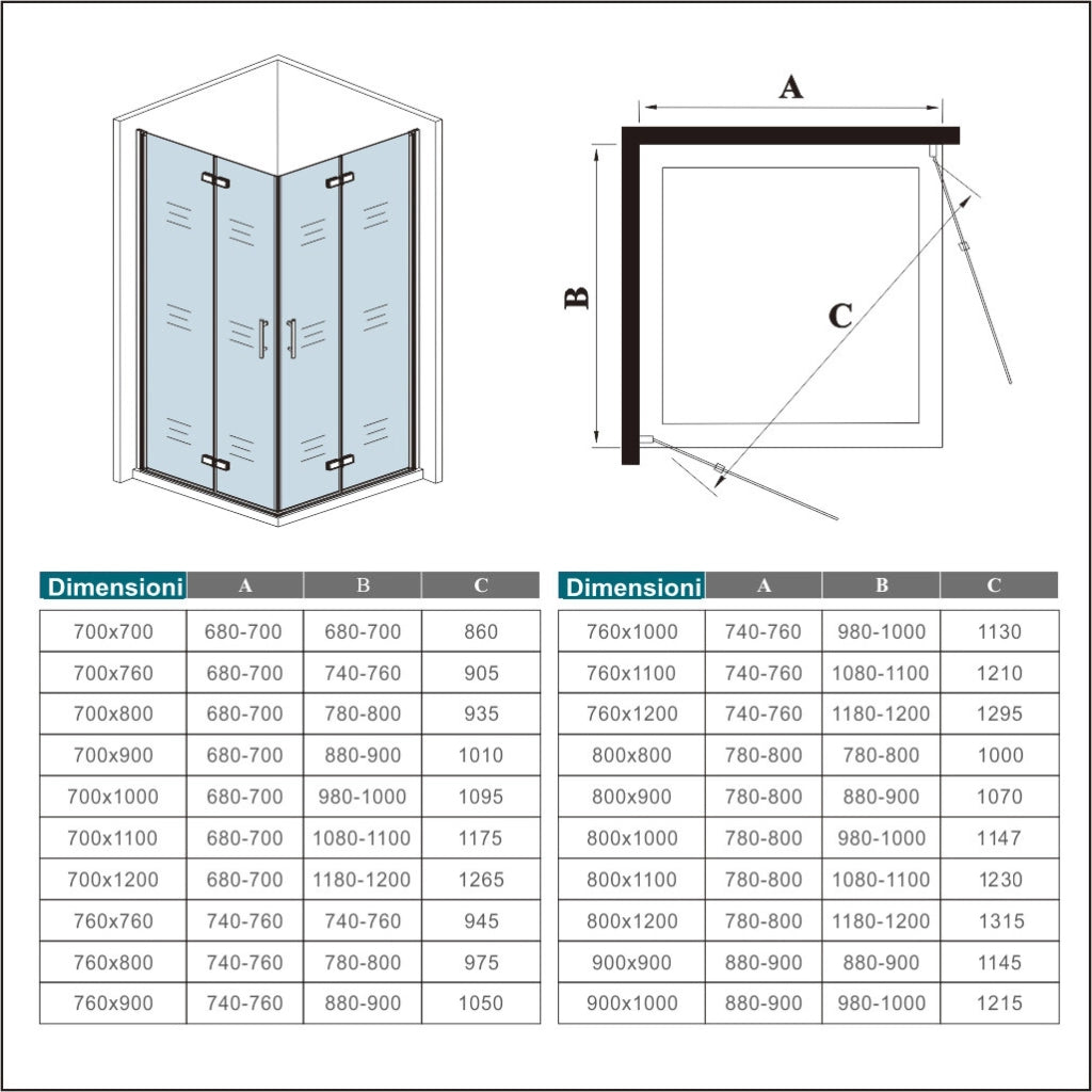 185 cm Box Doccia Angolare 76x90 cm Doppia Porta Battente Pieghevole Vetro Temperato Trasparente 6 mm Anticalcare Telaio Dorato Spazzolato