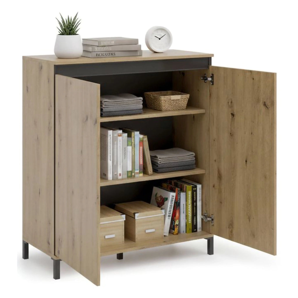 Credenza Tokyo, Buffet da soggiorno, Madia da salotto, Dispensa da cucina, Made in Italy, 100x40h110 cm, Rovere Nodi e Antracite
