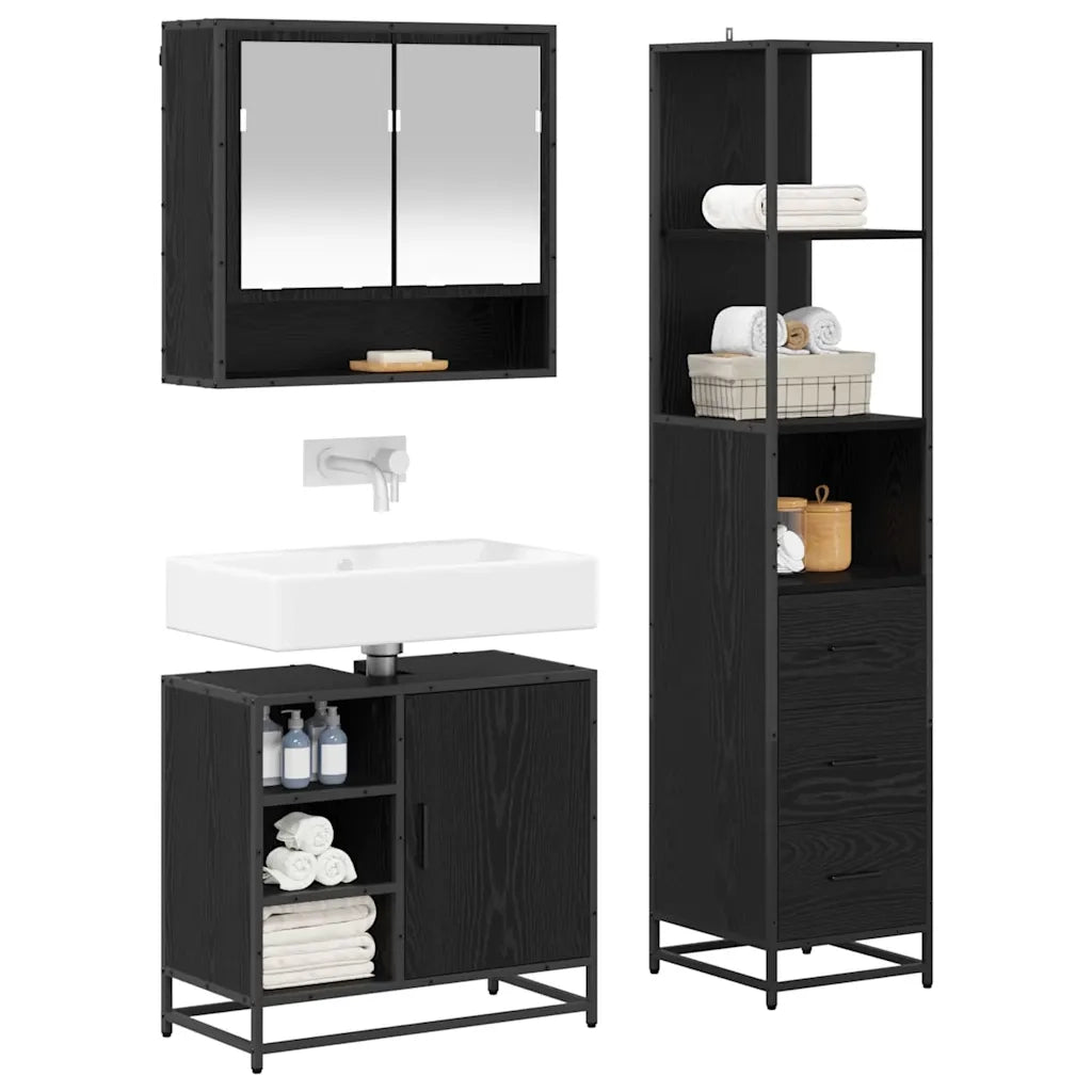 Set di mobili per il bagno 3 pcs Rovere Nero Legno multistrato