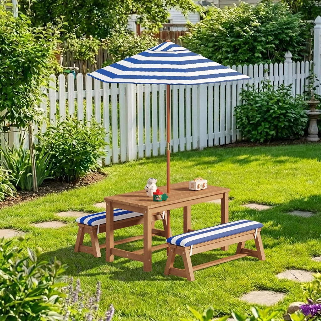 Set da giardino per bambini con parasole, set da esterno con cuscini, tavolo per bambini,tavolo da gioco per cortile,giardino, portico,patio,Blu