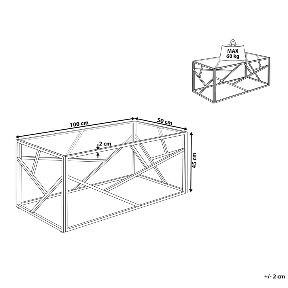 Tavolino da caffè con struttura in metallo dorato piano in vetro design geometrico glam