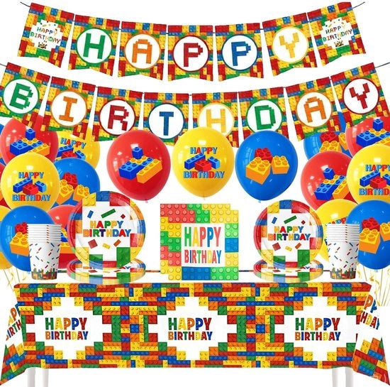 Decorazione di Festa per Costruzione - 82 Pezzi - Palloni - Banderuola di Compleanno - Tovaglia da Tavola - Materiale di Carta Duraturo - Ambientalmente Predisposto