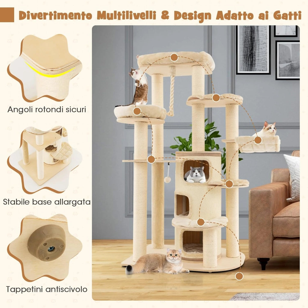 Albero Tiragraffi da 173 cm per Gatti, Torre per Gatti in Legno con Nicchia a 3 Piani, 2 Cucce Tiragraffi, Piattaforme, Amaca, Mobili Moderni per Gatti da Interno (Beige)