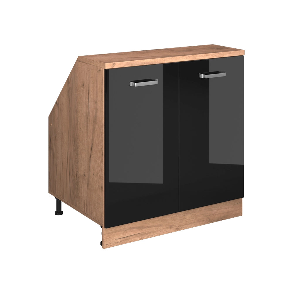 Mobile cucina sottotetto R-Line Nero lucido/Rovere dorato 80 cm con 2 porte, carcassa 60 cm profondità Vicco