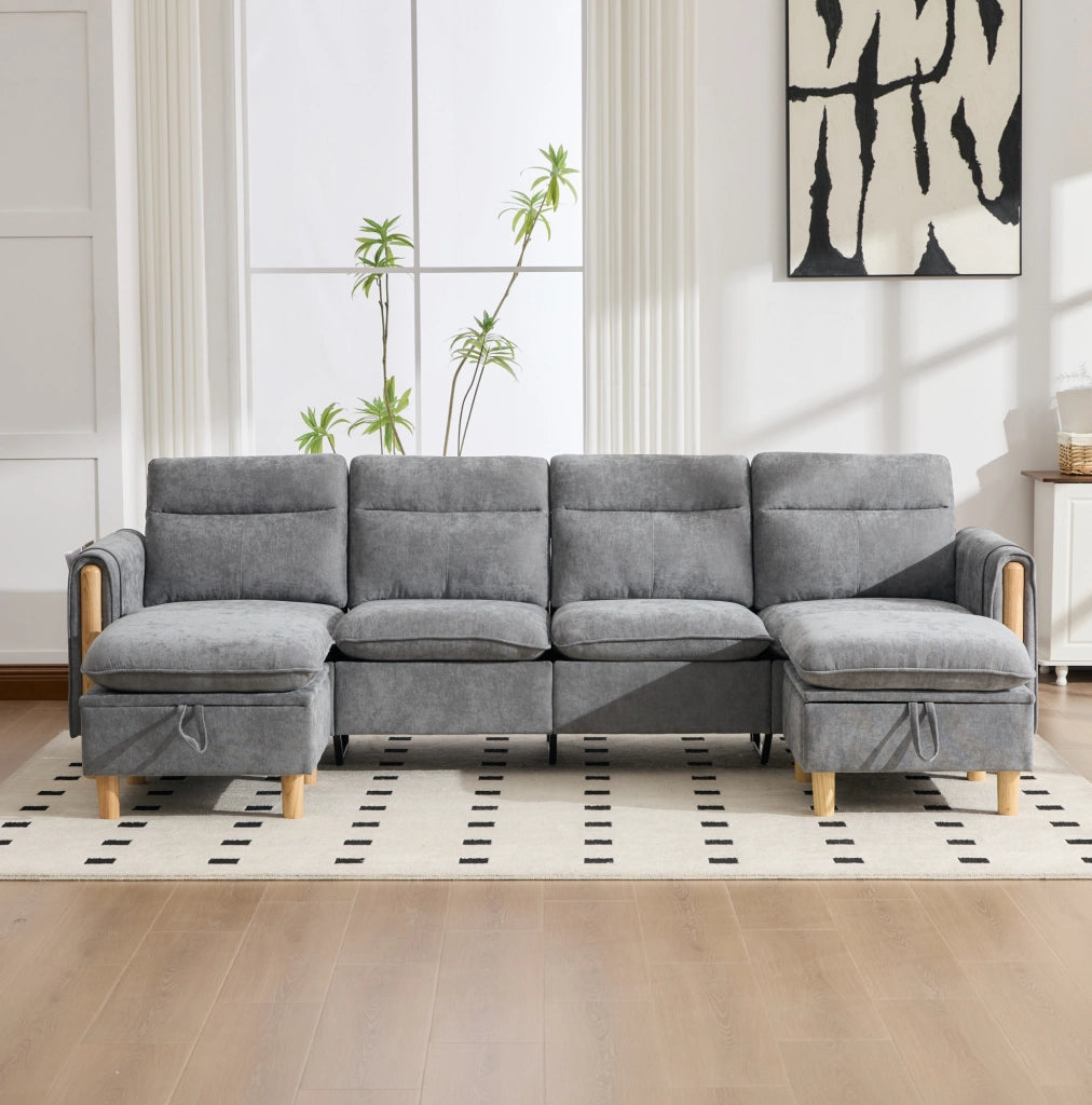 Divano modulare a U 261x77x86 cm in ciniglia grigio chiaro con contenitore –