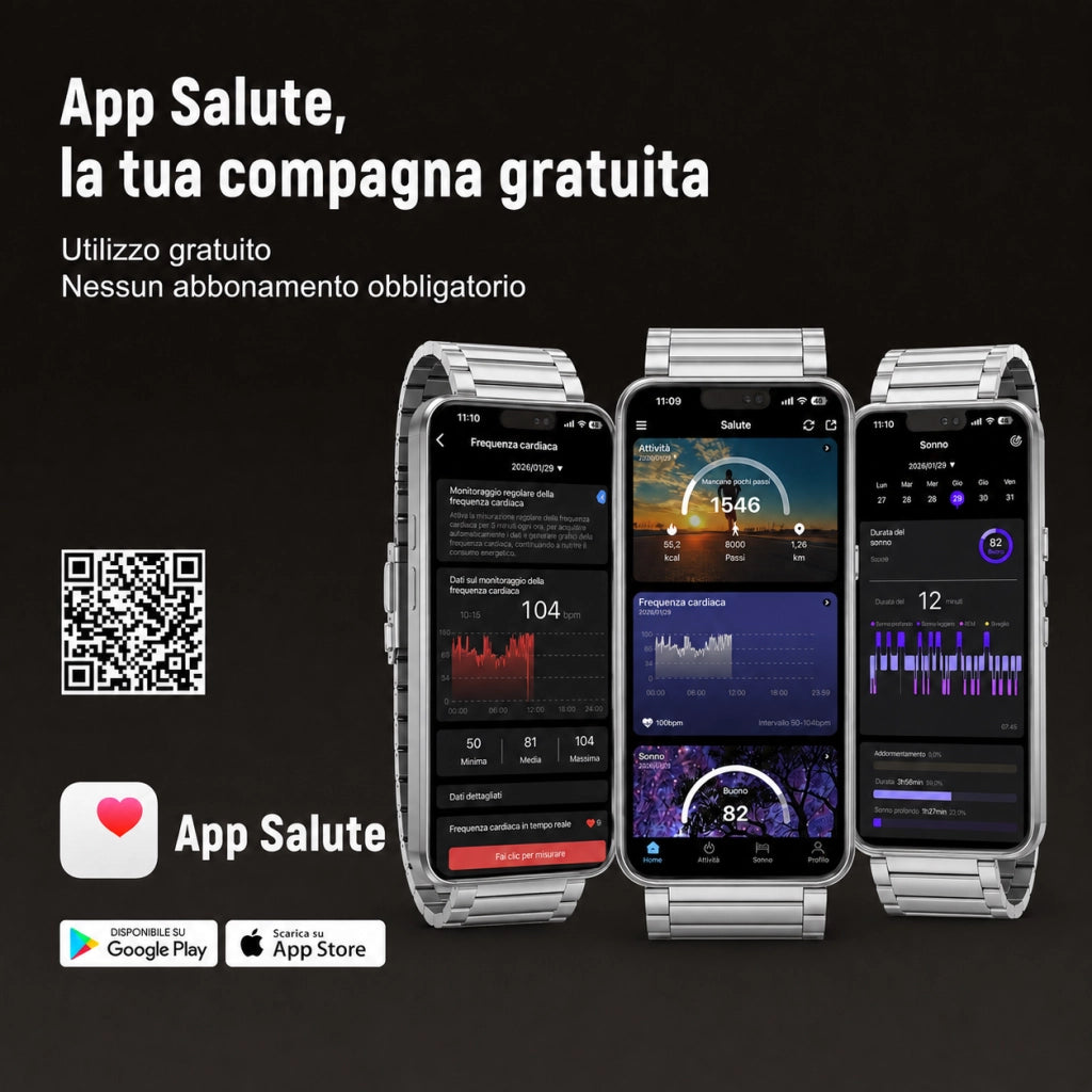 Smartwatch Orologio connesso con display nascosto; monitoraggio 24 ore su 24 della salute: battito cardiaco; HRV; SpO2 e sonno; 2 braccialetti; app gratuita per iOS e Android - Argento