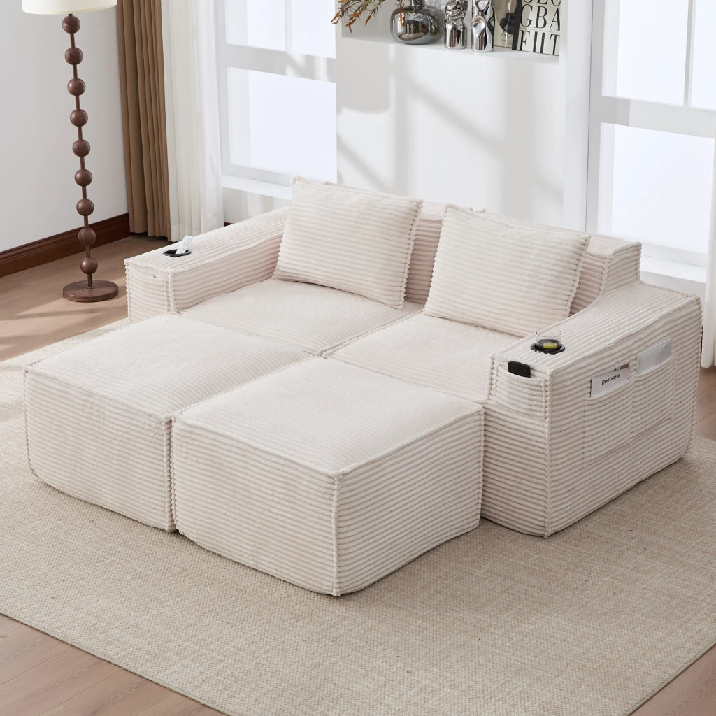 Divano modulare 2 posti in tessuto a coste con portabicchieri e tasche laterali beige 188 × 162 × 75 cm