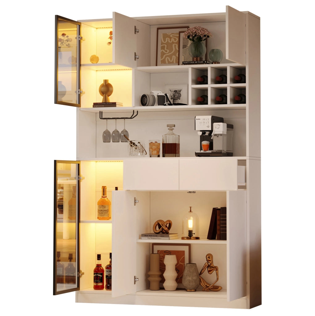 Hochschrank vetrina 120x33x200 cm con LED; 6 ante; 2 cassetti; bianco