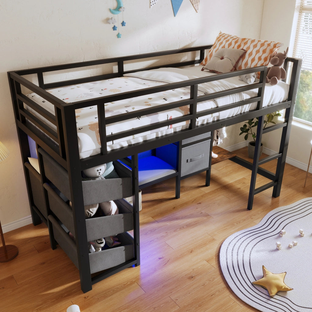 OKWISH Letto a soppalco 90×200 cm, Letto Singolo con LED Multicolore, Cuscino Seduta e Contenitore, senza Materasso, in Metallo, Nero