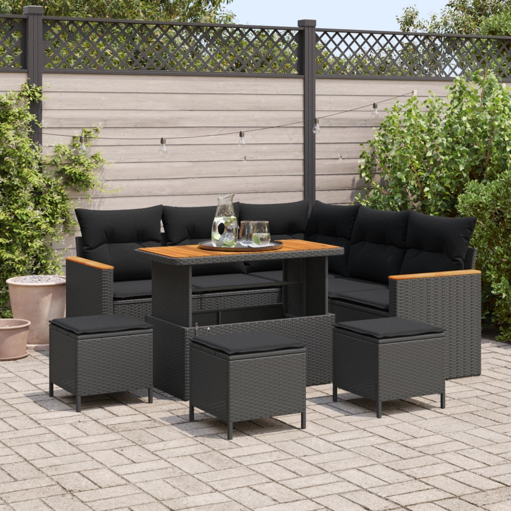 Set Divano Giardino da 9 Pezzi con Cuscini Nero Polyrattan Acacia