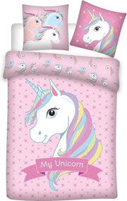 Set di coperte da letto, unicorno, rosa, copertina da letto 140 x 200 cm + cuscini 65 x 65 cm, 100% poliestere