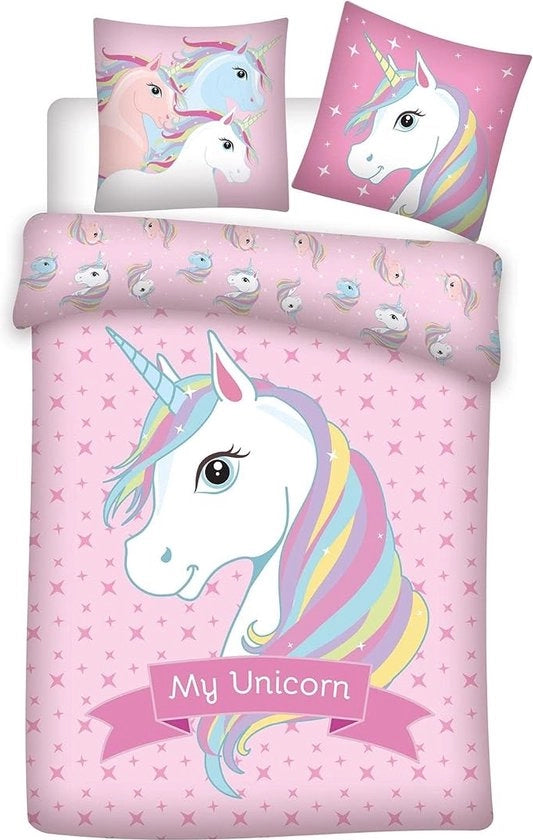 Set di coperte da letto, unicorno, rosa, copertina da letto 140 x 200 cm + cuscini 65 x 65 cm, 100% poliestere
