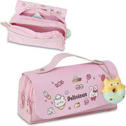 Etui per ragazze, zaino per la scuola con 3 contenitori, penne e matite per la scuola primaria, grande capacità, tessuto Oxford e rivestimento PU per la scuola, decorazione con gatto rosa, set scolastico
