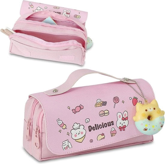 Etui per ragazze, zaino per la scuola con 3 contenitori, penne e matite per la scuola primaria, grande capacità, tessuto Oxford e rivestimento PU per la scuola, decorazione con gatto rosa, set scolastico