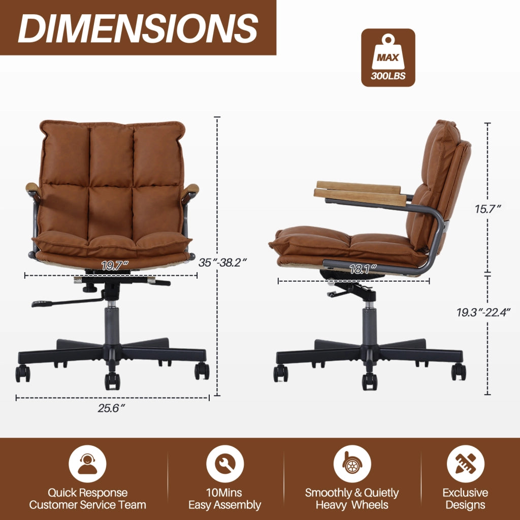 Sedia da ufficio ergonomica in pelle con altezza regolabile e rotazione 360° in pelle e metallo marrone