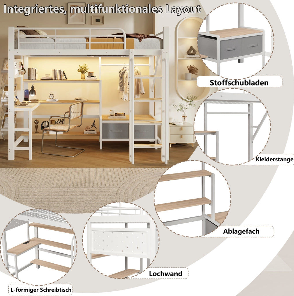 Letto a soppalco bianco 90 x 200 cm con scrivania, LED e USB