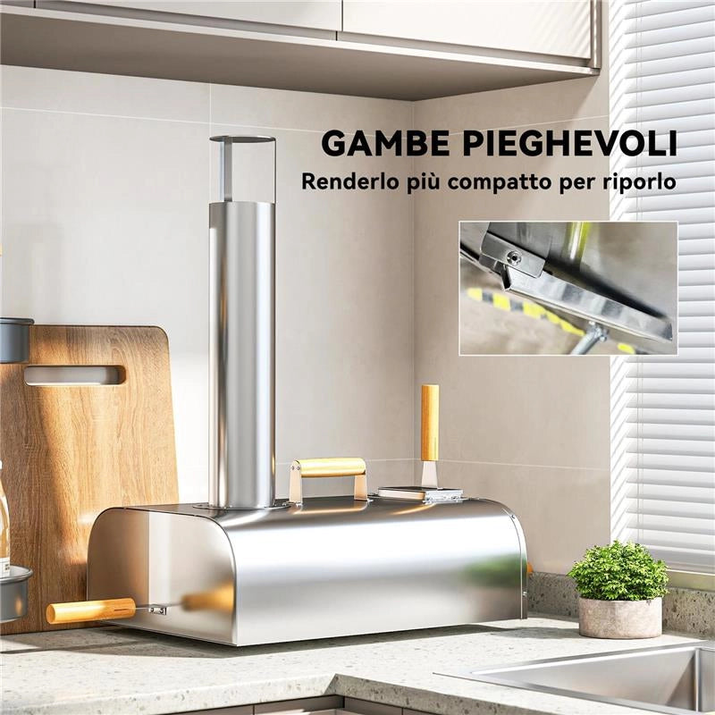 FORNO PER PIZZA A PELLET DI LEGNO CON PIETRA REFRATTARIA E PALA IN ACCIAIO INOX 79X36X75 CM ARGENTO