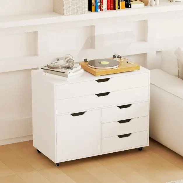Cassettiera Mobile con 5 Cassetti e Anta Mobiletto con 5 Ruote Bianco per Ufficio e Casa Robusto e Salvaspazio