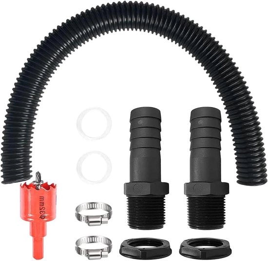 Impianto di connessione per barile di pioggia da 50 cm - Apripuntoni e 2 connessioni tubi 25 mm con viti di contatto - Scarico per barile di pioggia per condotta di scarico