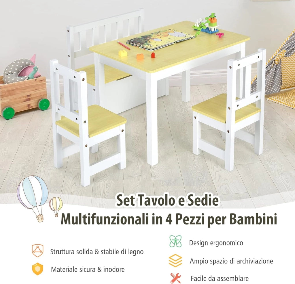 Set 4 Pezzi Tavolo e Sedie per Bambini, 2 in 1 Tavolino Attività di Legno per Bambini con 2 Sedie e 1 Panca, Per Bambini per Giocare Disegnare Leggere e Mangiare (Naturale)