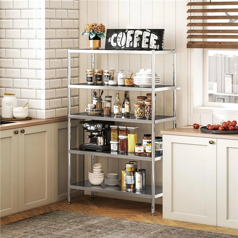 SCAFFALE DA CUCINA A 5 LIVELLI REGOLABILI SU 13 ALTEZZE DIVERSE, IN ACCIAIO INOX, 91X40X139 CM, ARGENTO