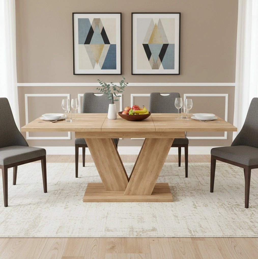 Tavolo da pranzo allungabile 140-180x80 cm effetto rovere con gambe a V in metallo HOMVRA