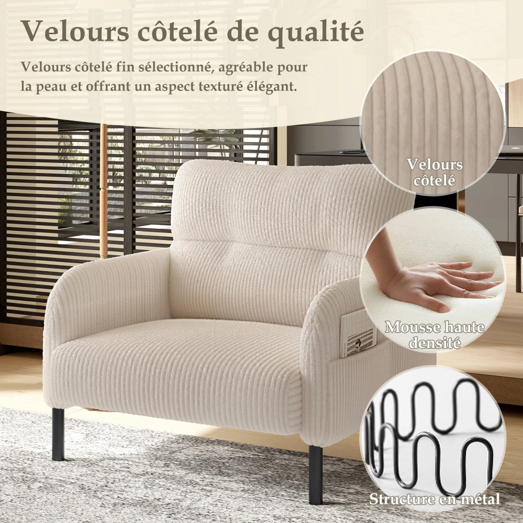 Poltrona Singola con Seduta Profonda con Tasche Laterali Comfort Ergonomico Struttura Metallo in Velluto a Coste Beige