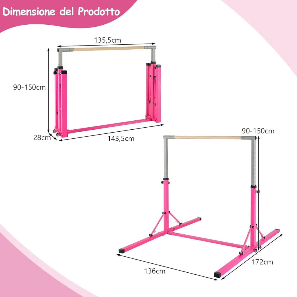 Barra per Ginnastica e Danza per Bambini e Bambine Pieghevole e Portatile, Sbarra Parallela in Metallo e Legno con 13 Altezze Regolabili, Ruote e Cuscinetti Antiscivolo, Portata 100 kg