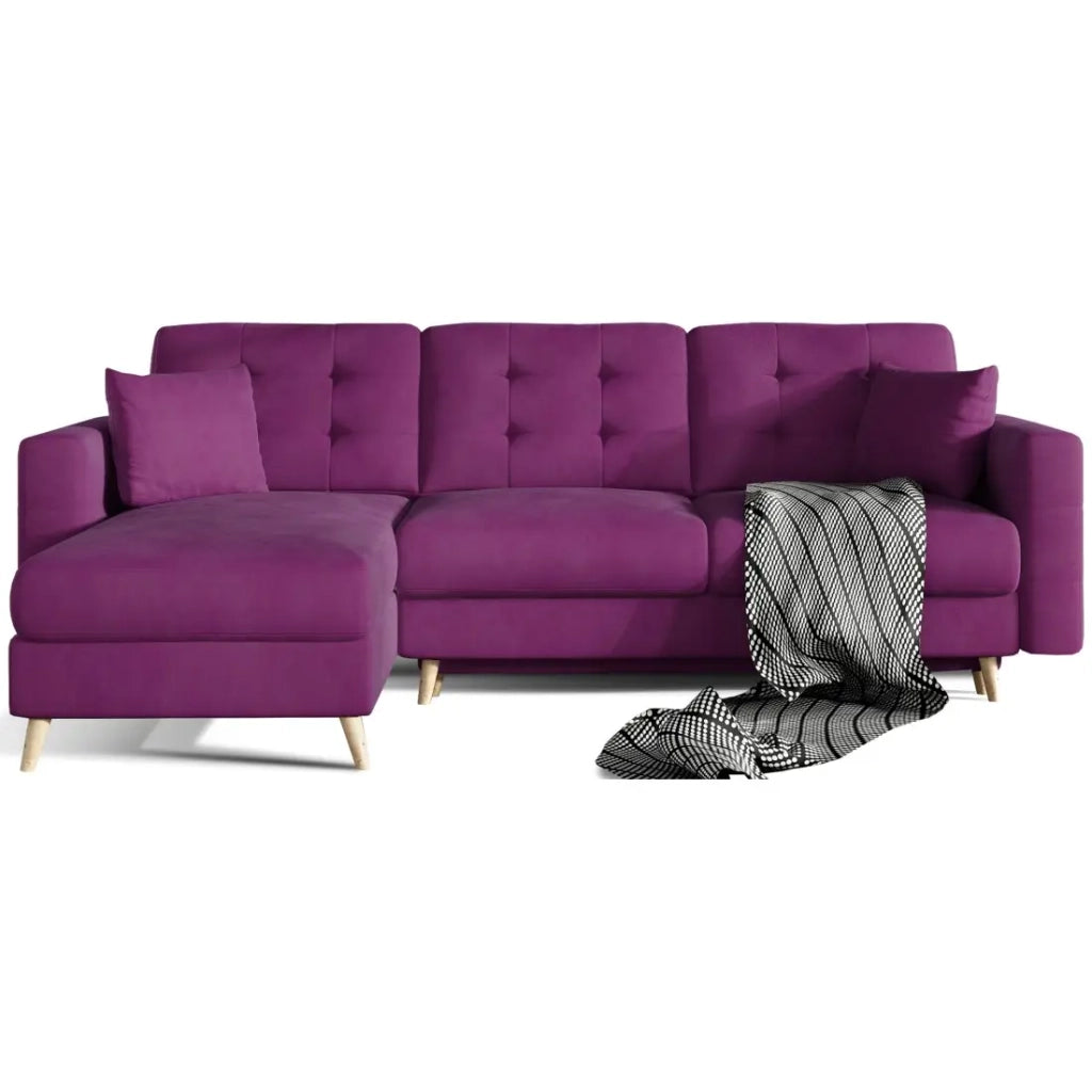 Divano angolare trasformabile HASGARD 3 posti viola 248x162 cm - con contenitore e piedi in legno