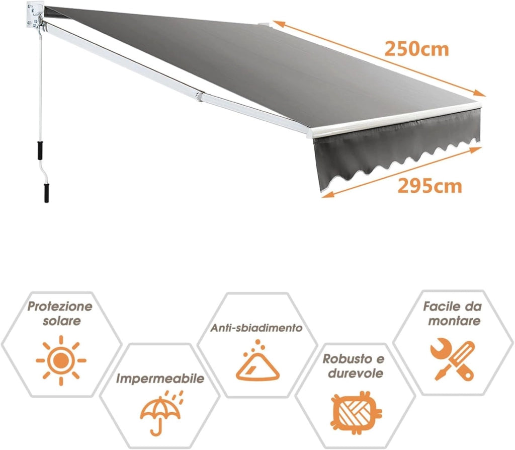 Tenda da Sole per Esterno Avvolgibile, Tenda da Sole a Bracci Estensibili con Telaio in Alluminio e Tettuccio Resistente al Sole e Impermeabile e Manovella (Grigio, 295 x 250 cm)
