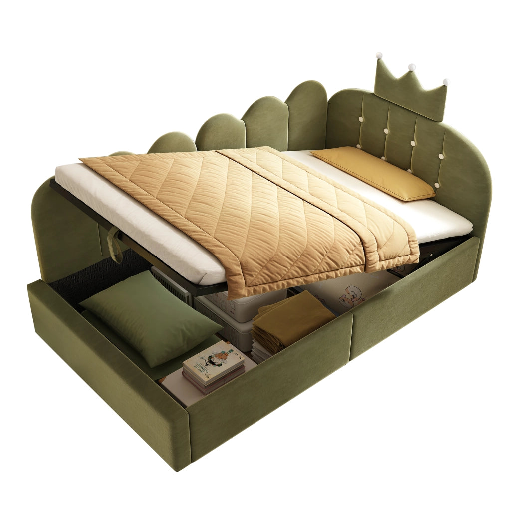 Letto contenitore daybed 90x200 cm in velluto verde con design a corona, senza materasso