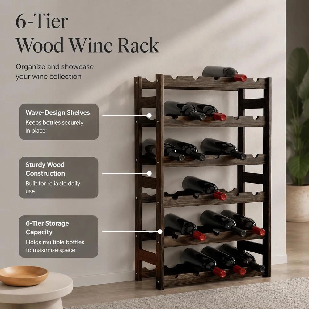 Wine Rack For 30 Bottles, Black Solid Pine Wood