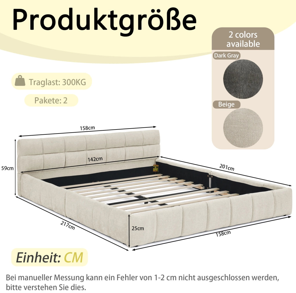 Letto matrimoniale imbottito in chenille 140x200 cm beige