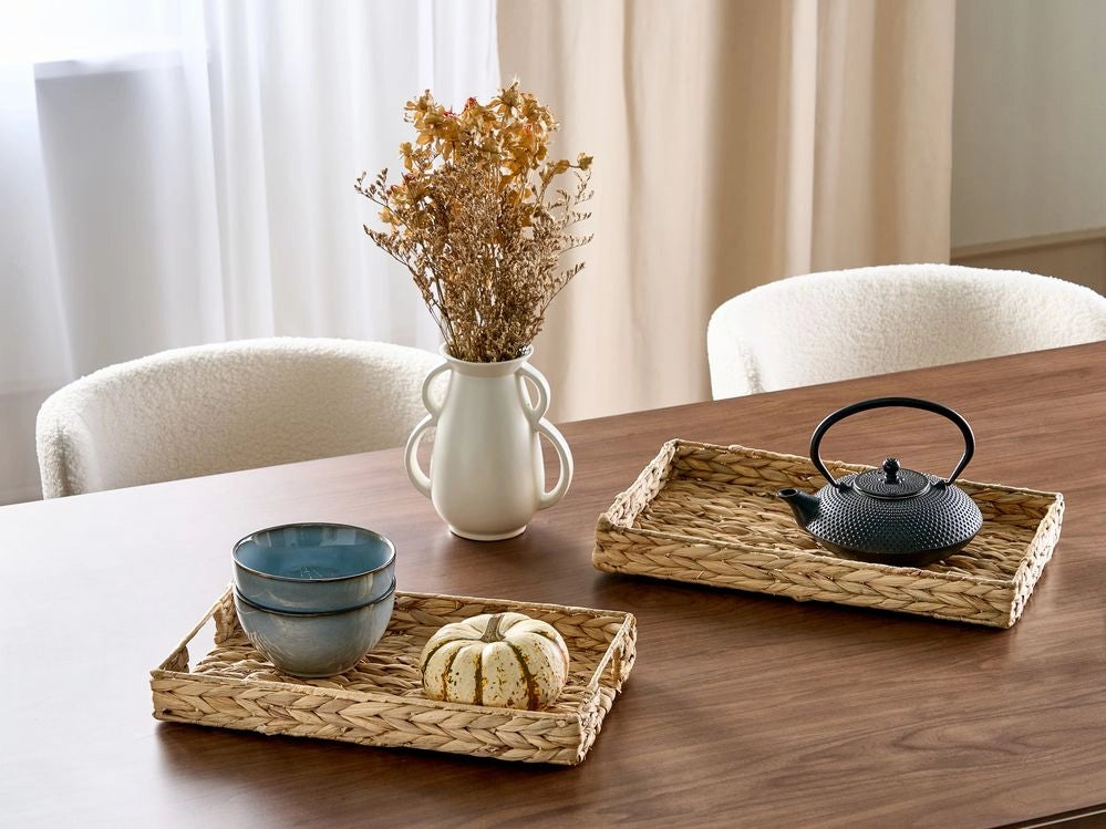Set di 2 vassoi decorativi intrecciati in giacinto d'acqua chiaro accessorio per la casa stile boho